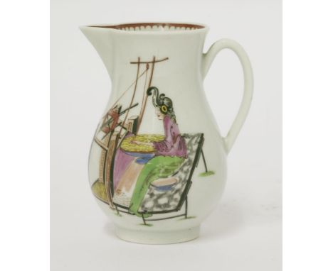 A Worcester sparrowbeak Jug,c.1765, exceptionally well enamelled and gilt with the Lady and the Loom, the reverse with an ecc