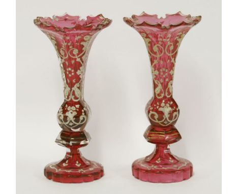 A miniature pair of Bohemian ruby glass specimen Vases,19th century, with good enamel and gilt decoration,12.5cm high (2)