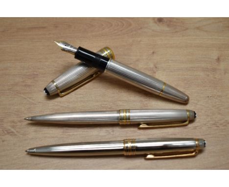 A Montblanc Meisterstuck piston fill fountain pen, ballpoint pen and propelling pencil in 925 silver with gold trim fountain 