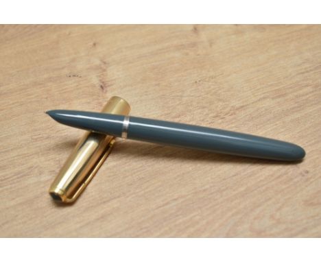 A Parker 51 aerometric fill fountain pen in navy grey with a gold filled cap