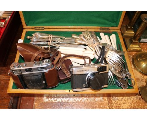COllection of Silver plated Flatware, Silver plated Grape Scissors, Olympus Trip 35 and a German Retina III C