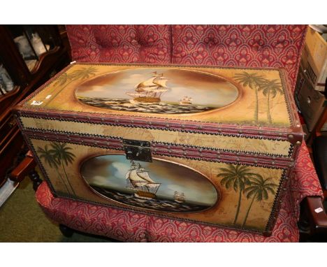 20thC Bound travelling trunk with Galleon and Map decoration 