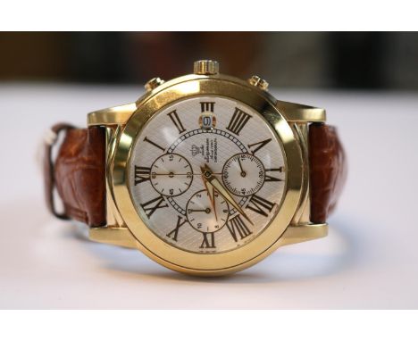 Jules Jurgersen Chronograph watch with Gold Plated case and Brown Leather strap 
