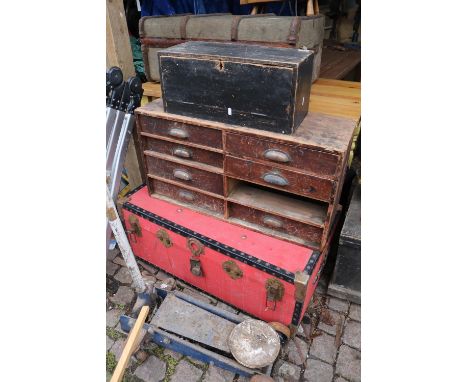 Collection of Wooden Vintage Drawers and a Trunk 
