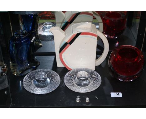 Art Deco Ceramic Teapot, Pair of Orrefors Glass candlesticks, Heavy Art Glass Spherical Ashtray and Blue Glass vase.