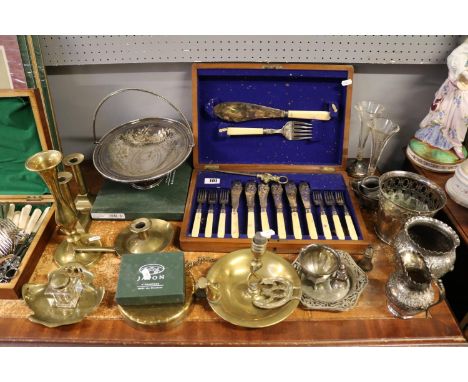 Collection of Assorted Silver plated flatware and tableware to include Inkstand, Candlesticks, Canteen of Cutlery etc