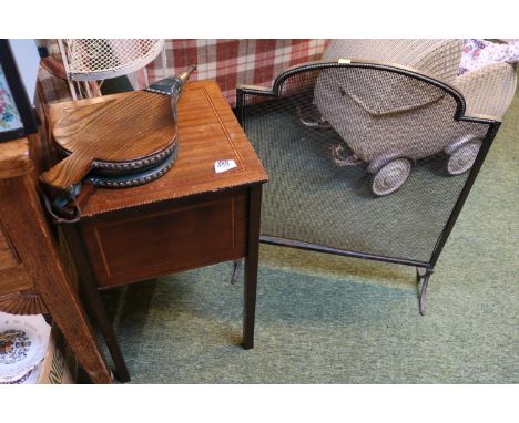 Edwardian Sewing stand, Oak Set of Bellows and a Brass Mesh Fire screen