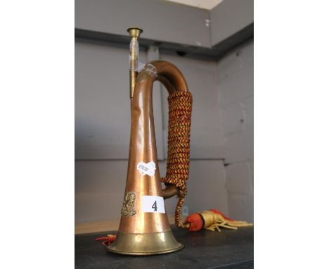 Copper &amp; Brass Bugle with applied brass Cap Badge Indian Kumaon. 31cm in Length 