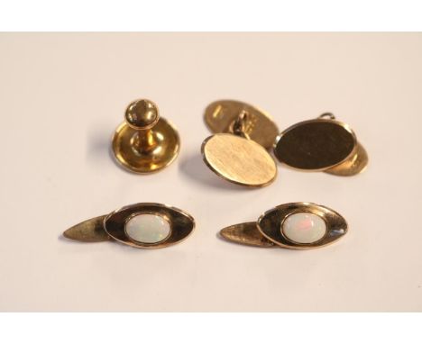 Pair of 9ct Gold Cufflinks of oval form, 9ct Gold Stud 6.2g total weight and a Pair of Opal set Cufflinks with chain links un
