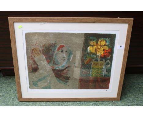 Àlvar Suñol Munoz-Ramos Spanish painter, sculptor and lithographer. Still Life Lithograph of a Woman with floral vase signed 