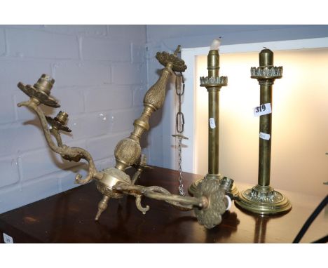 Pair of Brass Candlesticks and a Brass Chandelier 