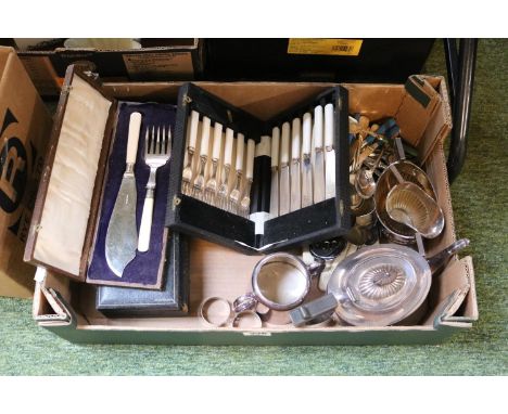 Box of assorted Silver plated Flatware and Tableware to include Tea set, Carving sets etc