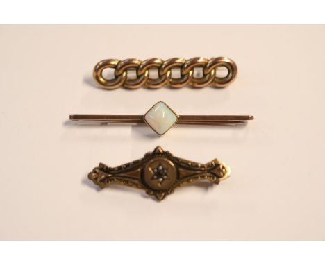 Edwardian 9ct Gold Opal set Bar Brooch, 9ct Gold Pearl and Ruby Set Bar Brooch and a Scroll Bar Brooch
