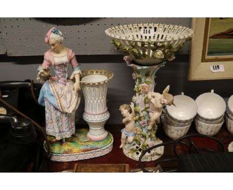 Sitzendorf Voigt Brothers of Germany Porcelain floral cherub decorated table centrepiece with blue underglaze mark and a Bisq