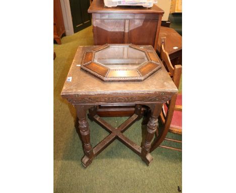 Oak Envelope Card Table with carved and turned supports and a Oak 1920s Octagonal bevel edge mirror 