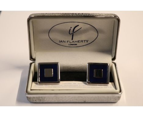 Boxed Pair of Platinum Plated Cufflinks with Enamel detail by Ian Flaherty of London 