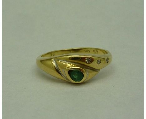 A 14ct gold, emerald and white stone ring, weight 2.5g, size N, emerald a/f