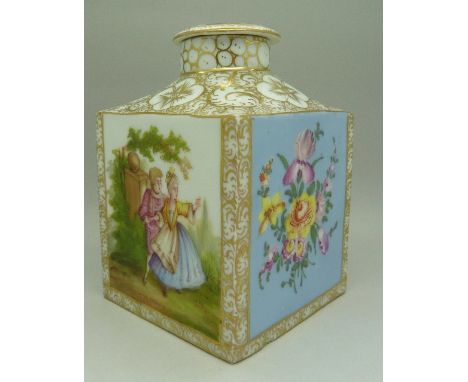 A Dresden tea caddy and cover decorated with panels of figures and flowers within gilded borders by Franziska Hirsch, height 