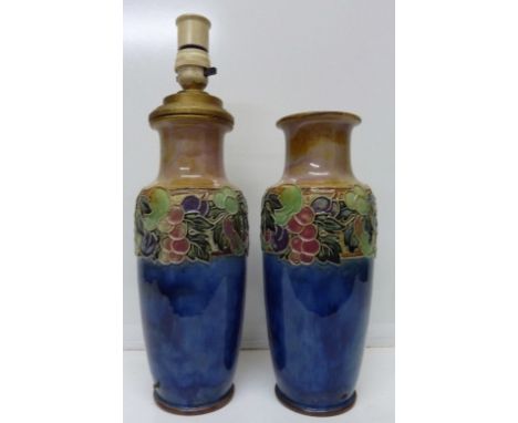 A pair of Royal Doulton stoneware vases, one converted to a lamp base, the other prepared for lamp, height 29.5cm