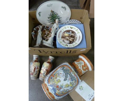 Decorative bone china plates, a Spode cake plate, Aynsley and Wedgwood, a pair of oriental vases and one larger