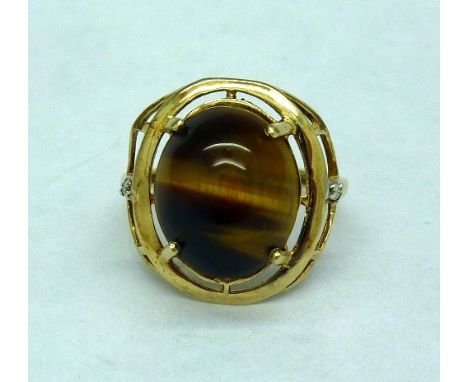 A 9ct gold, tigers eye and diamond ring, 3.2g, size J