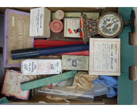 A collection of chemist related items including scales, vaporizer, atomiser, thermometer, etc.