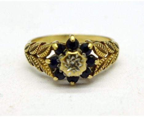 A 9ct gold, diamond and sapphire ring, weight 2.6g, size K