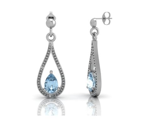 Two pear shaped blue topaz gemstones are resting within a large tear drop shaped halo in these gorgeous dangle earrings.Item 