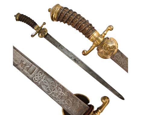 Rare Hunting Sword, 18th Century, Germany. Strong, straight, single -and false-edged blade with wide central fuller and rear 