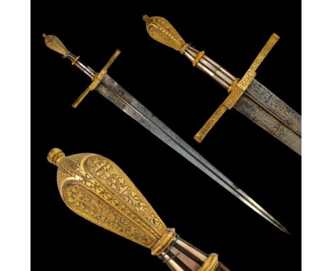 Very rare Italian ceremonial sword with gilding and mother-of-pearl from the 15th century. The broad blade of sharply taperin