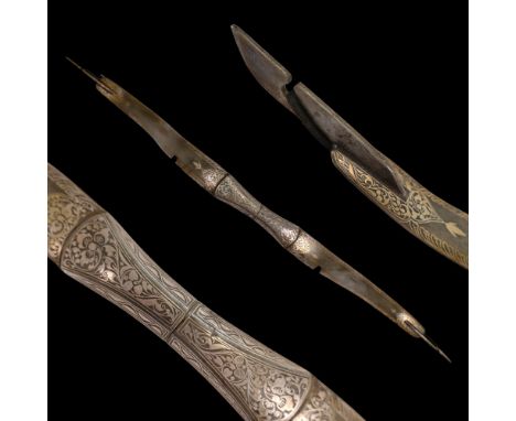 Damascene Indian in Mughal style Steel Bow with Silver Inlay, 19th-20th century. Bow made of steel having a damascene pattern