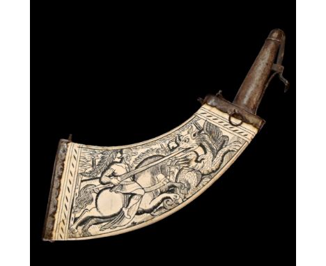 Early German powder flask. 17th century Bone, steel elements. Image of St. George. Length - 38cm