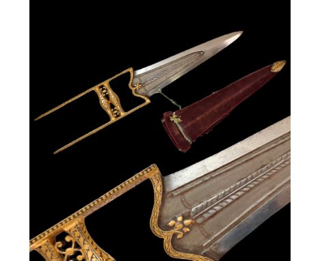 Rare early 19th century gold inlay KATAR dagger with garnet (ruby?) and emerauld stones.The blade forged of fine wootz. Origi