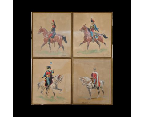 A set of four paintings depicting French and Spanish cavalrymen. First quarter of the 20th century. Watercolor on paper, at t