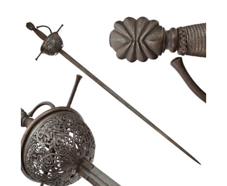 Spanish Cup-hilt Rapier Sword "Taza" with Elaborate Open Work, in the style of the 17th century. Steel, straight blade with o