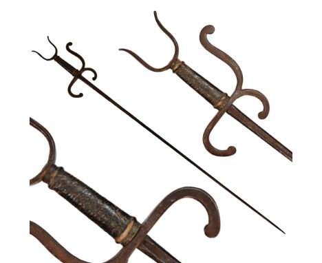 Rare sword - musket rest, Western Europe, 17th century. Faceted steel blade with one fuller on each side. The iron hilt ends 