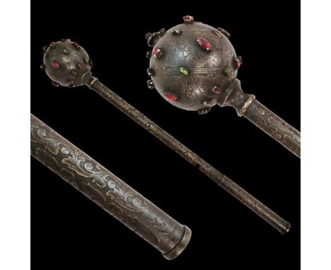 A very rare Polish or Hungarian Mace, Decorated with stones, 18th-19th century. The metal handle is decorated with beautiful 