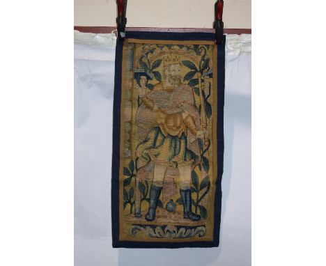 Decorative Brussels tapestry fragment, late 17th century, 33 1/2 in. x 17in.  85cm. x 43cm.  Depicting a king wearing a crown