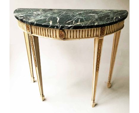 CONSOLE TABLE, French Louis XVI style semicircular painted parcel giltwood with variegated marble top and tapering supports, 