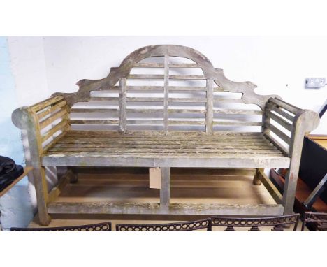 GARDEN BENCH, weathered teak slatted after a design by Edwin Lutyens, 170cm W.