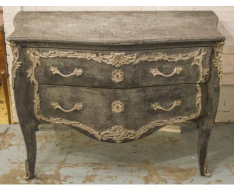 BOMBE COMMODE, Louis XV style painted and silvered metal mounted with two drawers, 88cm H x 128cm x 65cm.