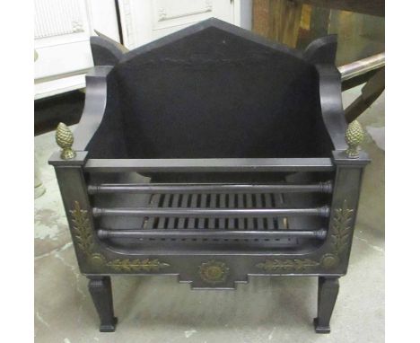 FIRE GRATE, Regency design cast iron with acorn finials and leaf decoration, 57cm W x 64cm H.