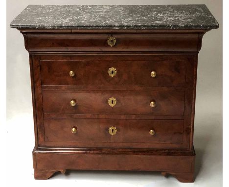 HALL COMMODE, 19th century French Louis Philippe figured walnut of shallow proportions with three long drawers and St Annes g