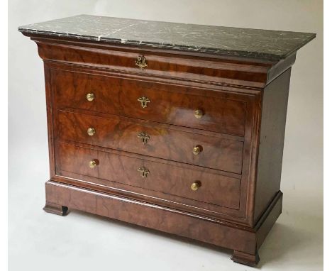 COMMODE, 19th century French Louis Philippe burr walnut and gilt metal mounted with five long drawers (including a plinth dra