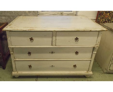 COMMODE, 19th century Romanian white painted pine with two overhanging drawers above two long drawers, 90cm H x 132cm x 67cm.