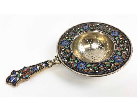 SCANDINAVIAN SILVER TEA STRAINER, enamel stylised flower and leaf decoration, stamped Norway, import marks - Birmingham 1899,