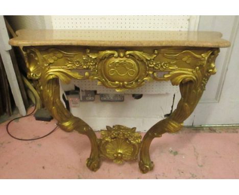 CONSOLE TABLE, Louis XV style gilt with a serpentine shaped marble top and leaf and flowerhead decoration on cabriole front s