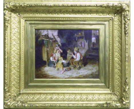 AFTER 19th CENTURY ENGLISH SCHOOL 'Interior with Children Playing', oleograph, 26cm x 31cm, framed.