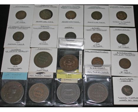 Twenty various tokens including 1 x Yorkshire 1812 penny token K. Picard Lead works, 1 x Scotland Charles II Turner twopence 