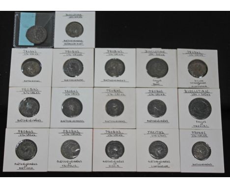 A group of seventeen ancient Roman coins to include 1 x Tacitus 275-276 A.D antoninianus of Lugdunum: Felicitas, Probus 276-2